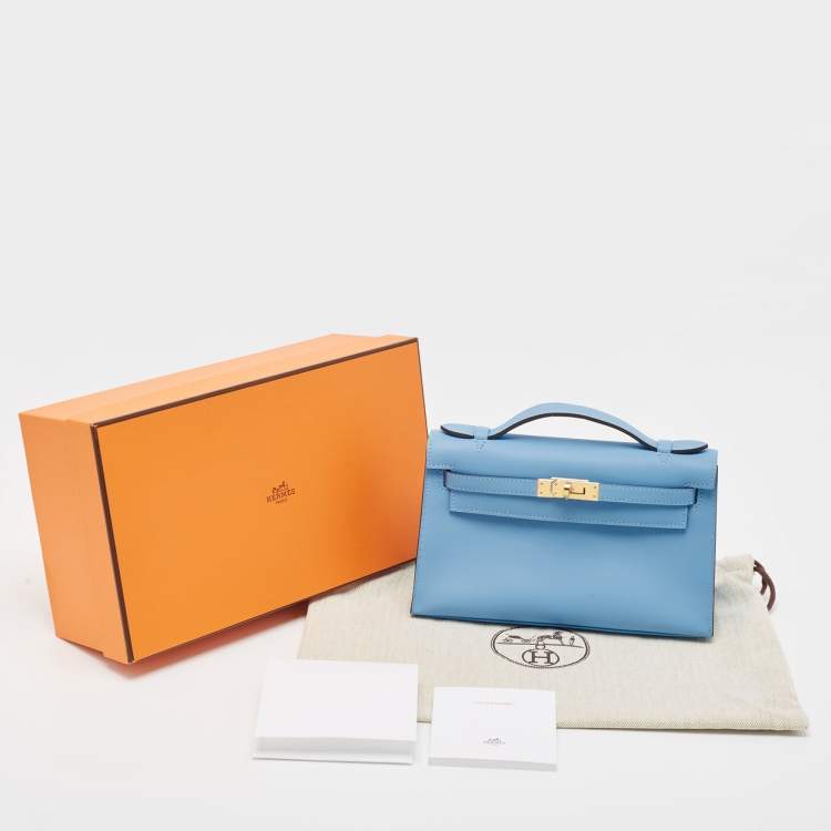 Pre Owned Hermes Bleu Du Nord Swift Leather Gold Finish Kelly Pochette