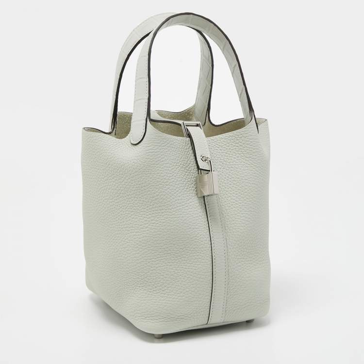 Pre Owned Hermes Gris Neve Taurillon Clemence Leather and Matte Alligator Picotin Lock 18 Bag