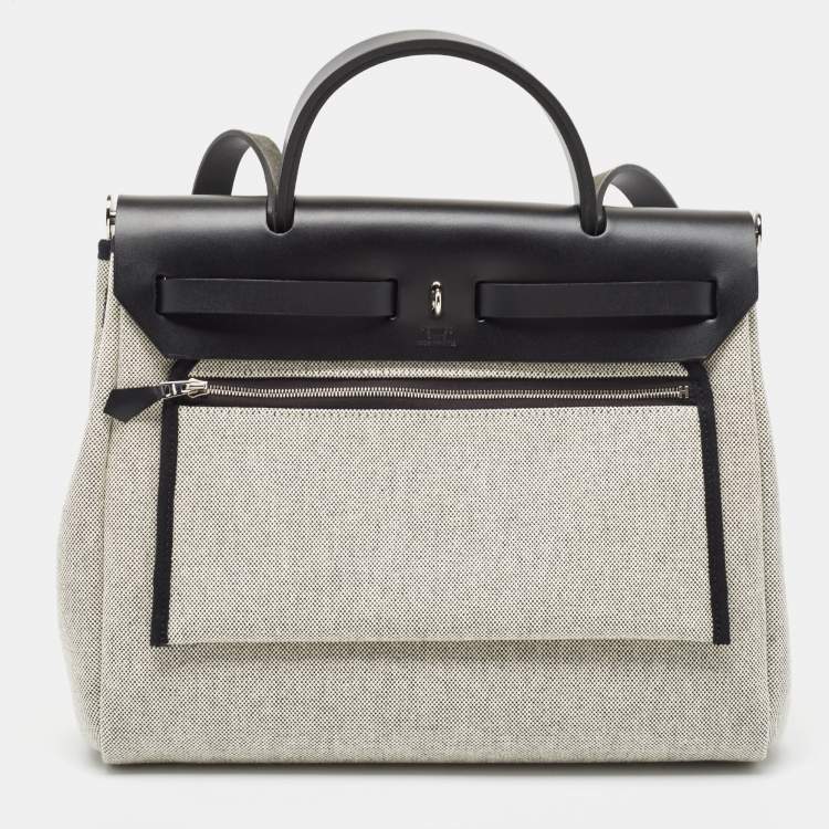Pre Owned Hermes Noir/Ecru Vache Hunter and Circuit Toile H Plume Herbag Zip 31 Bag