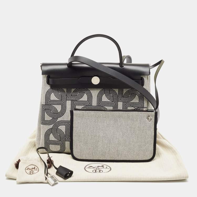 Pre Owned Hermes Noir/Ecru Vache Hunter and Circuit Toile H Plume Herbag Zip 31 Bag