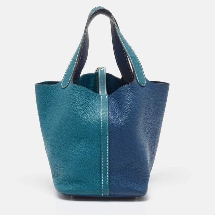 Pre Owned Hermès Deep Bleu/Vert Bosphore Taurillon Clemence Leather Picotin Lock 22 Bag