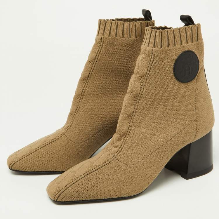 Pre Owned Hermes Olive Green Knit Fabric Volver Ankle Boots Size 36.5
