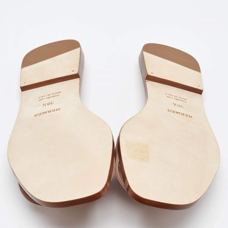 Pre Owned Hermès Beige Leather Oran Flat Slides Size 38.5