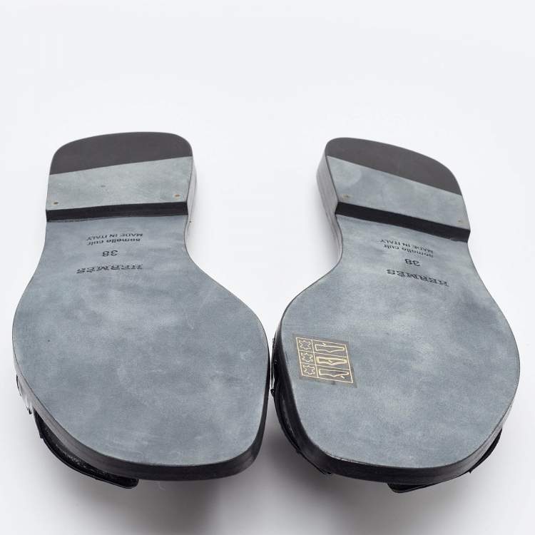 Pre Owned Hermès Black Patent Ostrich Oran Flat Slides Size 38