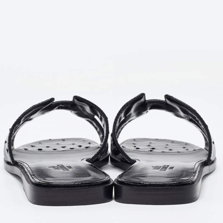 Pre Owned Hermès Black Patent Ostrich Oran Flat Slides Size 38