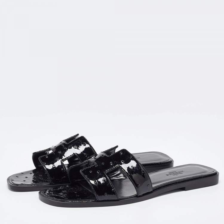 Pre Owned Hermès Black Patent Ostrich Oran Flat Slides Size 38