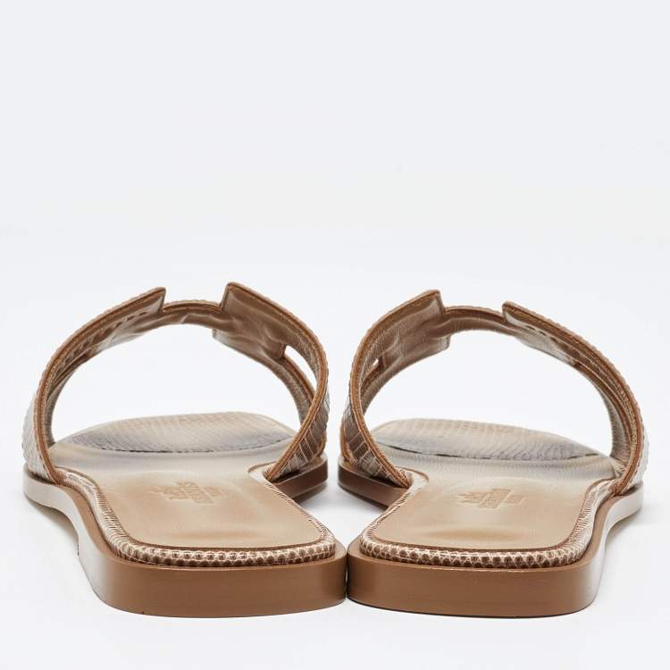 Pre Owned Hermès Beige Shiny Lizard Oran Flat Slides Size 38