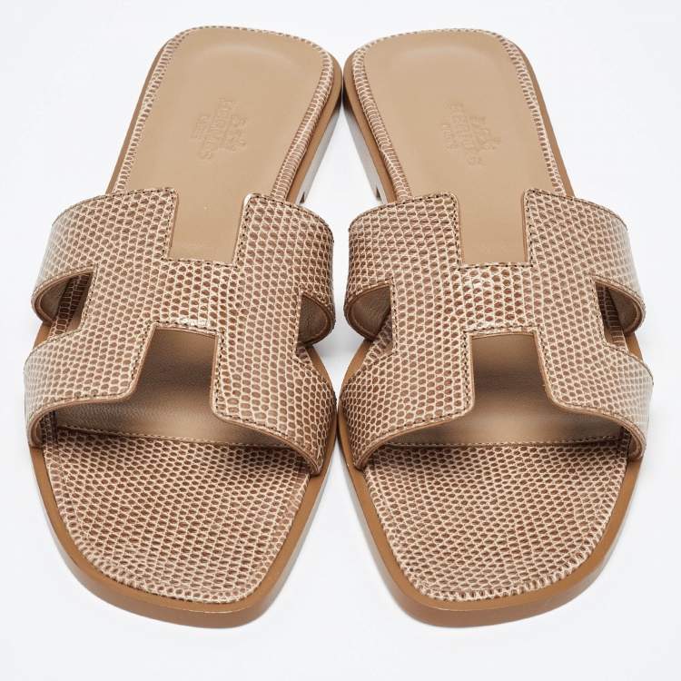 Pre Owned Hermès Beige Shiny Lizard Oran Flat Slides Size 38