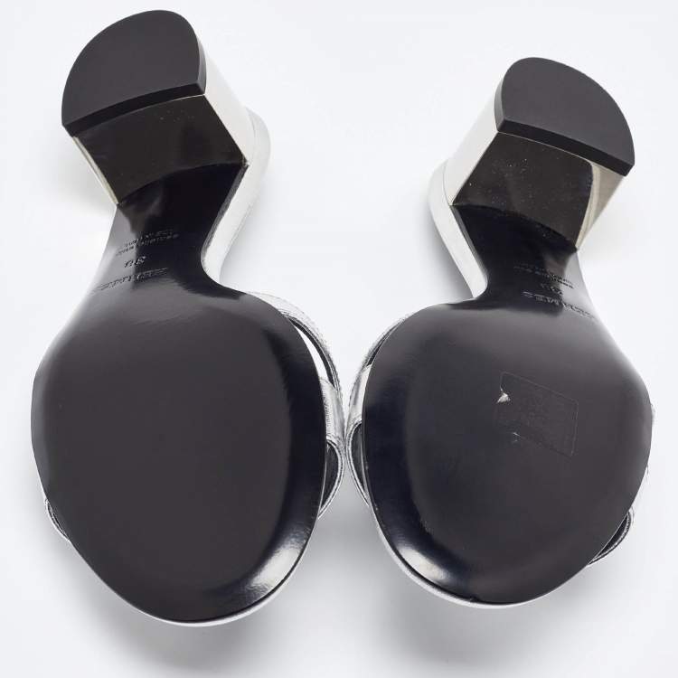 Pre Owned Hermes Silver Leather Oasis Slide Sandals Size 38