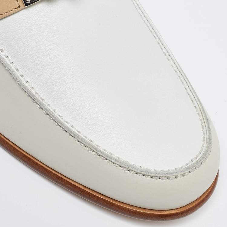 Pre Owned Hermès White/Beige Leather Destin Loafers Size 41