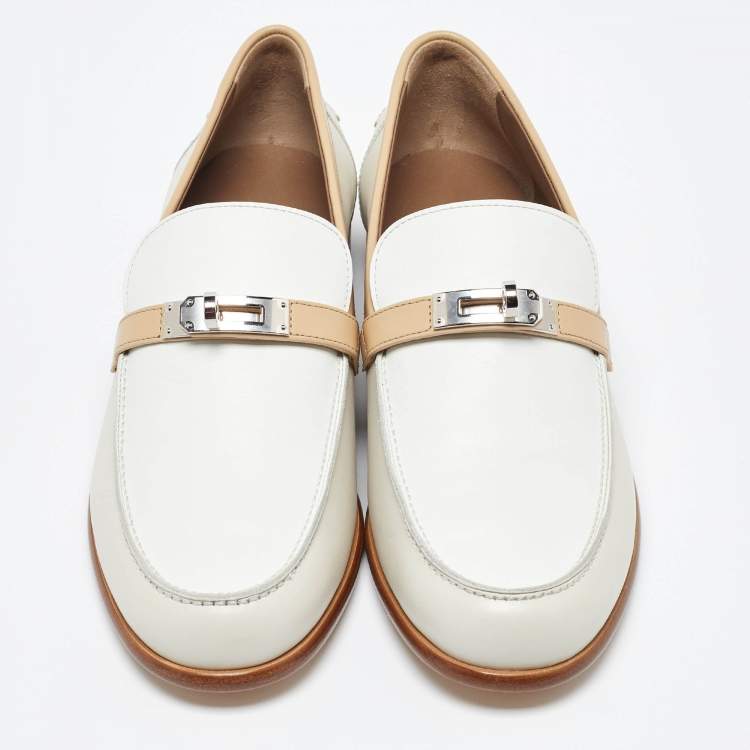 Pre Owned Hermès White/Beige Leather Destin Loafers Size 41