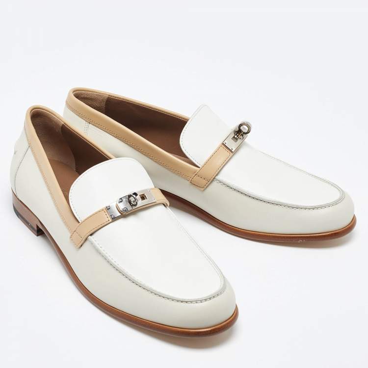 Pre Owned Hermès White/Beige Leather Destin Loafers Size 41