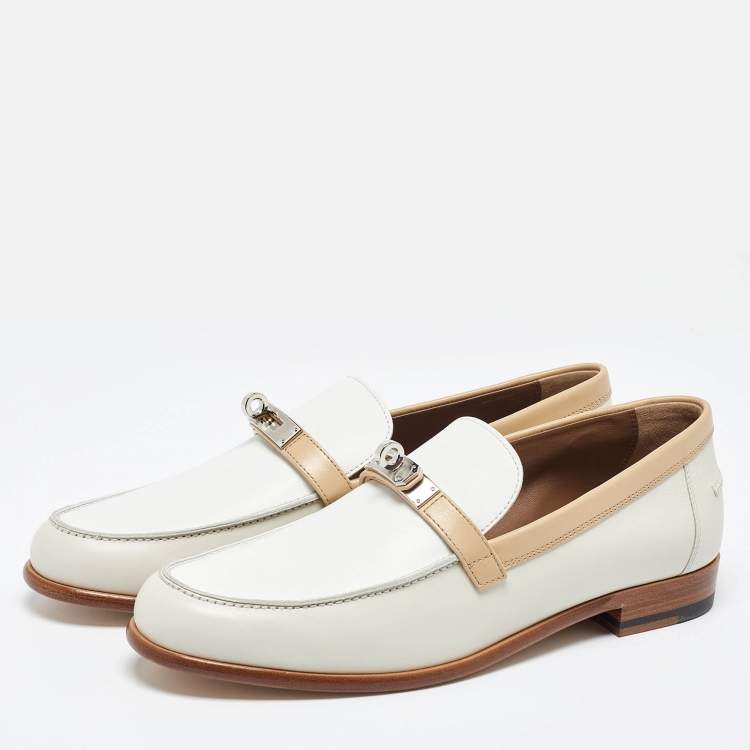 Pre Owned Hermès White/Beige Leather Destin Loafers Size 41