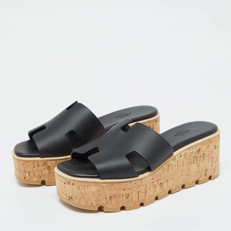 Hermes ezeサンダル ラバblack wedge ヒール エスペード Hermes Black Leather Eze Platform Slide Sandals Size 38
