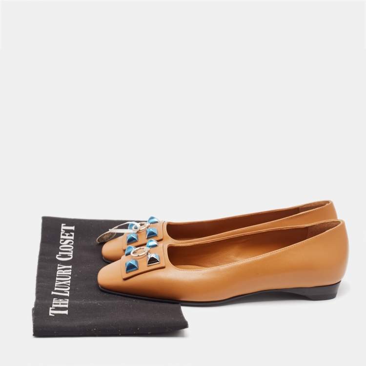 Pre Owned Hermes Brown Leather Embellished Ballet Flats Size 37