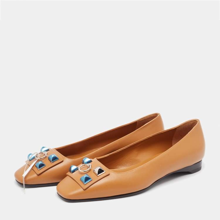Pre Owned Hermes Brown Leather Embellished Ballet Flats Size 37
