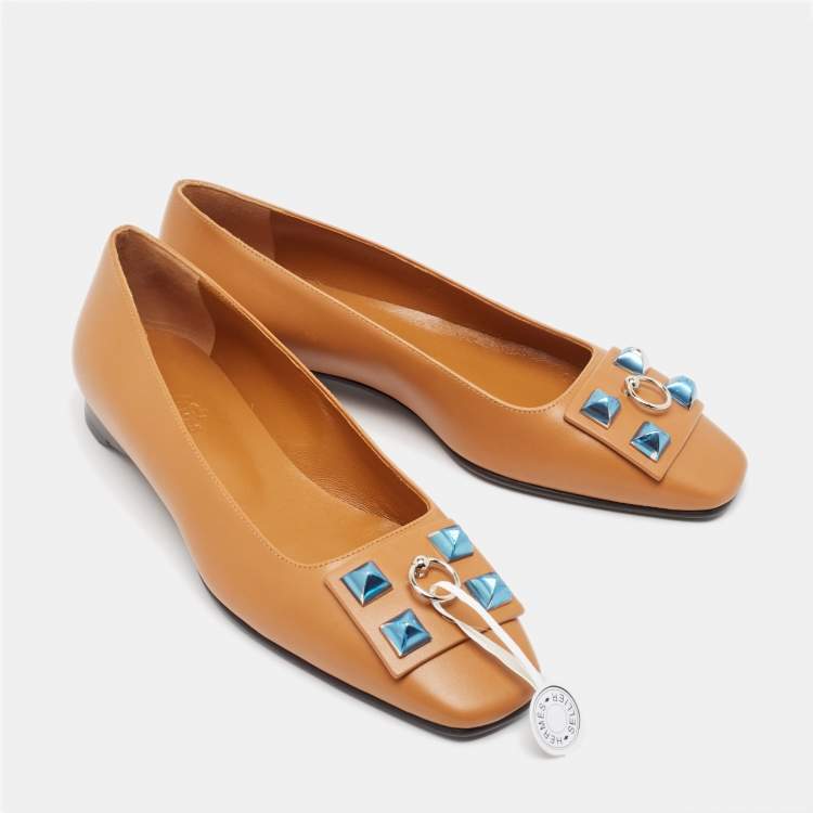 Pre Owned Hermes Brown Leather Embellished Ballet Flats Size 37
