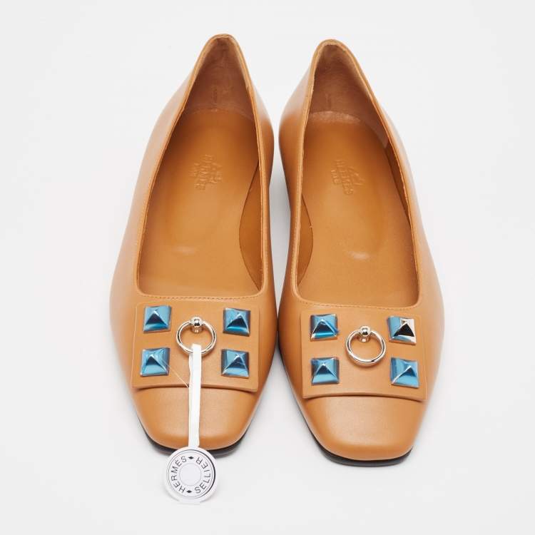 Pre Owned Hermes Brown Leather Embellished Ballet Flats Size 37