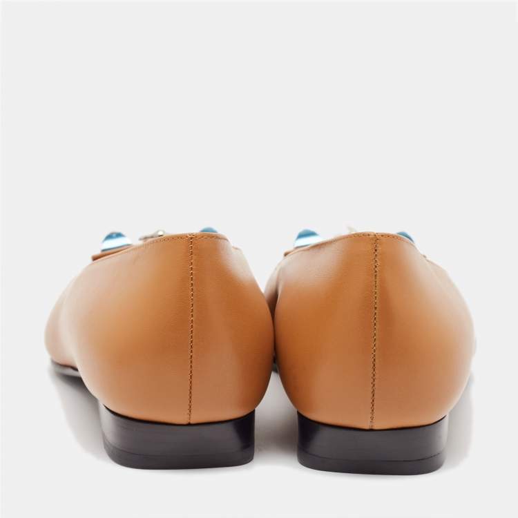 Pre Owned Hermes Brown Leather Embellished Ballet Flats Size 37