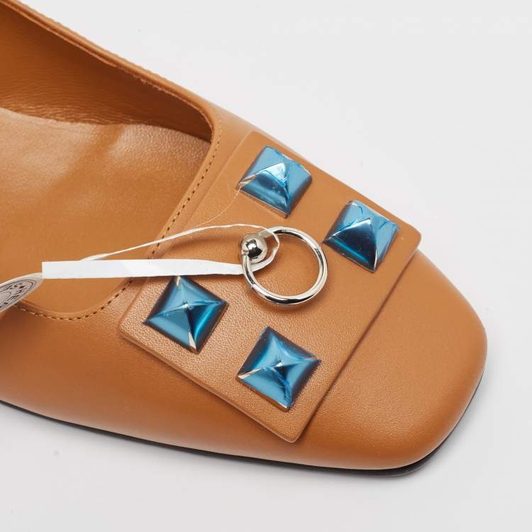 Pre Owned Hermes Brown Leather Embellished Ballet Flats Size 37