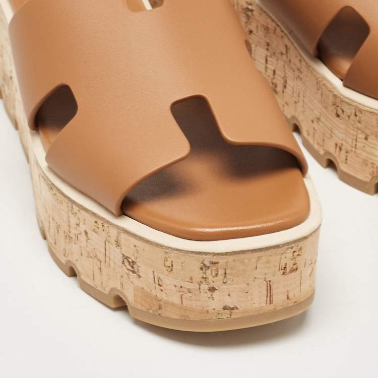 Pre Owned Hermes Brown Leather Eze Platform Sandals Size 38