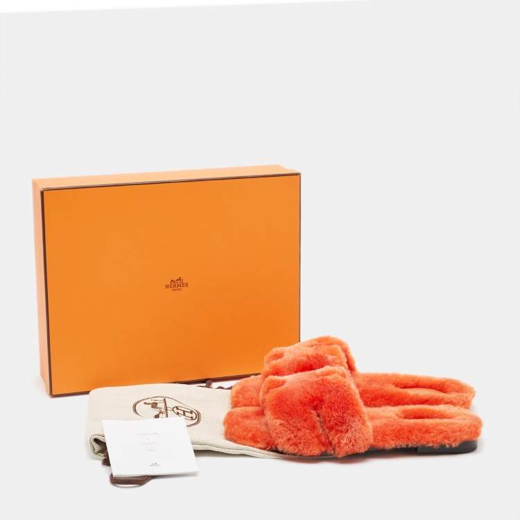 Pre Owned Hermes Orange Shearling Fur Oran Flat Slides Size 38