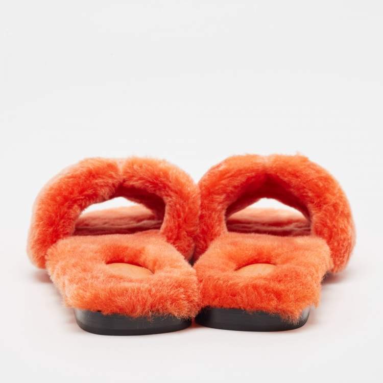Pre Owned Hermes Orange Shearling Fur Oran Flat Slides Size 38