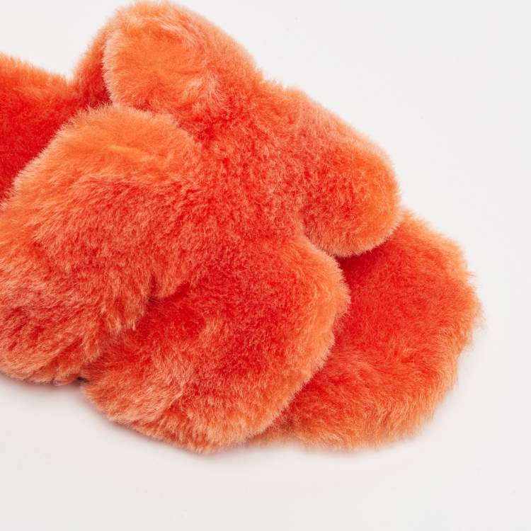 Pre Owned Hermes Orange Shearling Fur Oran Flat Slides Size 38