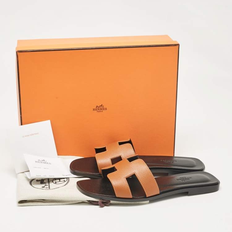 Pre Owned Hermes Brown Leather Oran Flat Slides Size  38