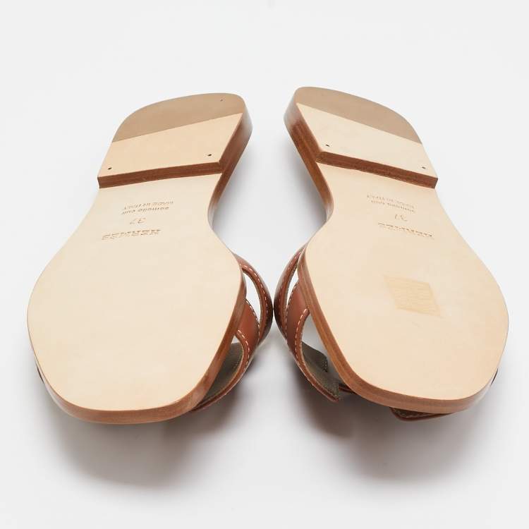 Pre Owned Hermes Brown Leather Oran Flat Slides Size 37