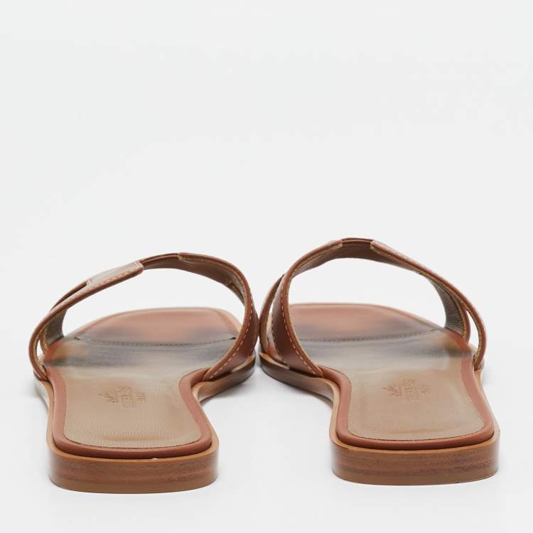 Pre Owned Hermes Brown Leather Oran Flat Slides Size 37
