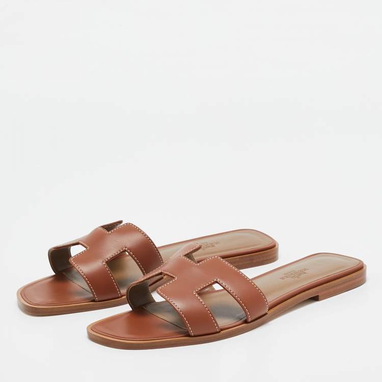 Pre Owned Hermes Brown Leather Oran Flat Slides Size 37