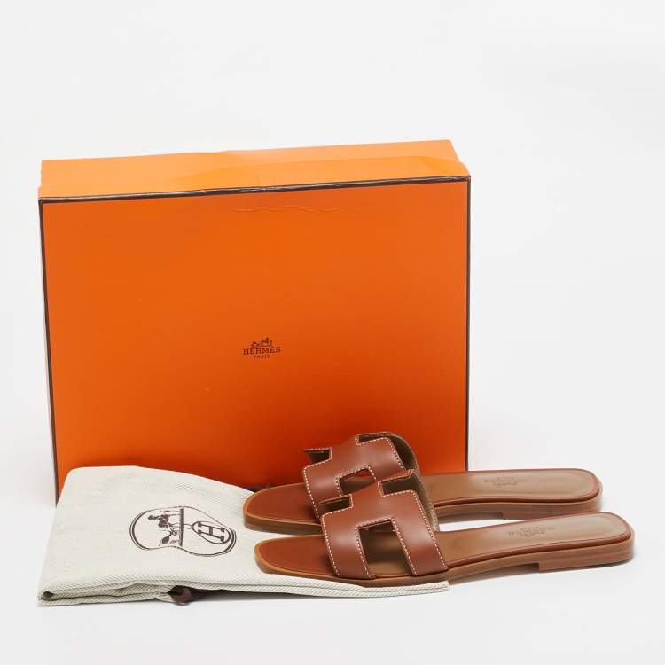 Pre Owned Hermes Brown Leather Oran Flat Slides Size 37