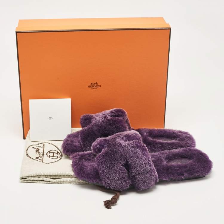 Pre Owned Hermes Purple Shearling Fur Oran Flat Slides Size 38