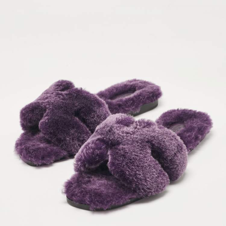 Pre Owned Hermes Purple Shearling Fur Oran Flat Slides Size 38