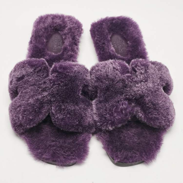 Pre Owned Hermes Purple Shearling Fur Oran Flat Slides Size 38