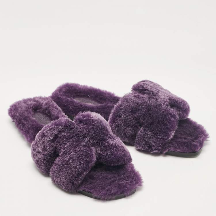 Pre Owned Hermes Purple Shearling Fur Oran Flat Slides Size 38