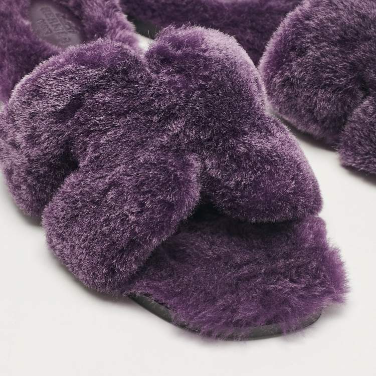 Pre Owned Hermes Purple Shearling Fur Oran Flat Slides Size 38