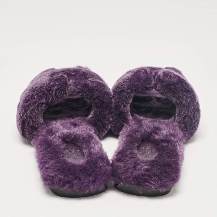Pre Owned Hermes Purple Shearling Fur Oran Flat Slides Size 38