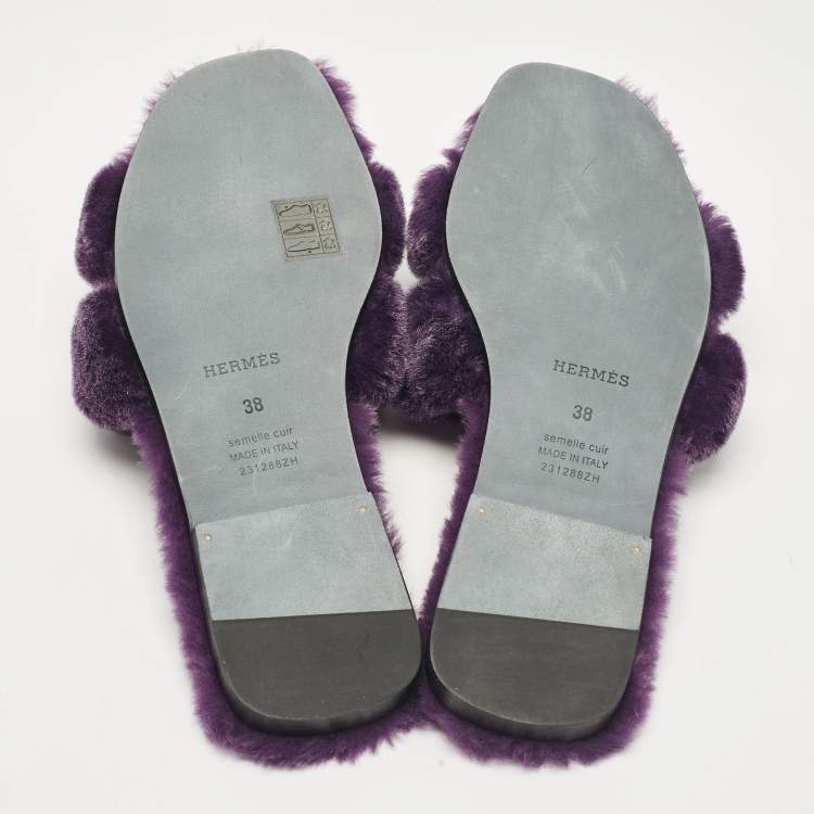 Pre Owned Hermes Purple Shearling Fur Oran Flat Slides Size 38
