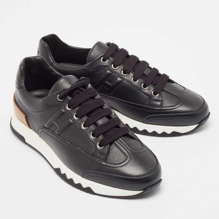 Pre Owned Hermes Black Leather Trail Lace Up Sneakers Size 37