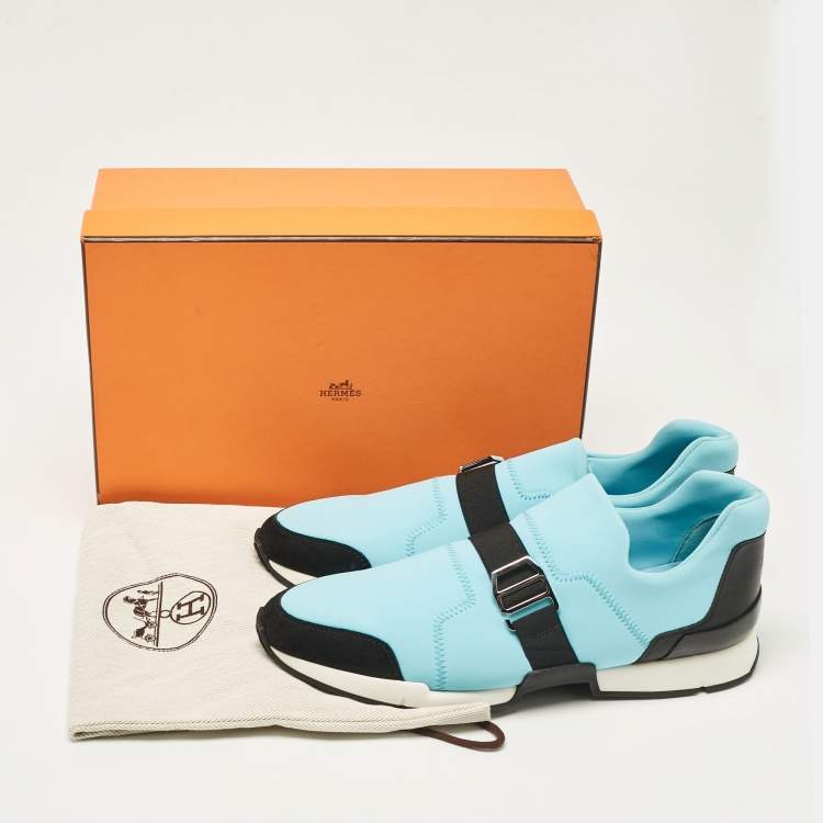 Pre Owned Hermes Blue/Black Neoprene and Suede Run Sneakers Size 40
