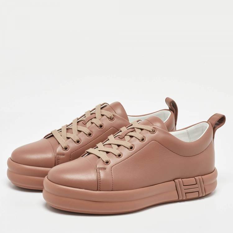 Pre Owned Hermes Dusty Pink Leather Happy Low Top Sneakers Size 39.5