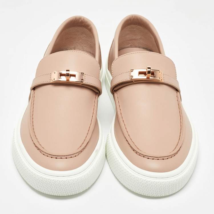 Pre Owned Hermes Beige Leather Game Slip on Loafers Size 39.5