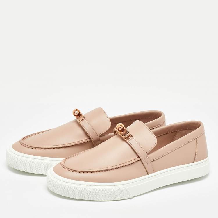 Pre Owned Hermes Beige Leather Game Slip on Loafers Size 39.5