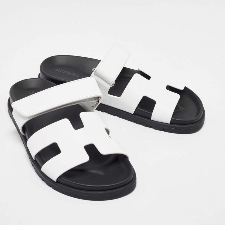 Pre Owned Hermes White Leather Chypre Flat Sandals Size 37.5