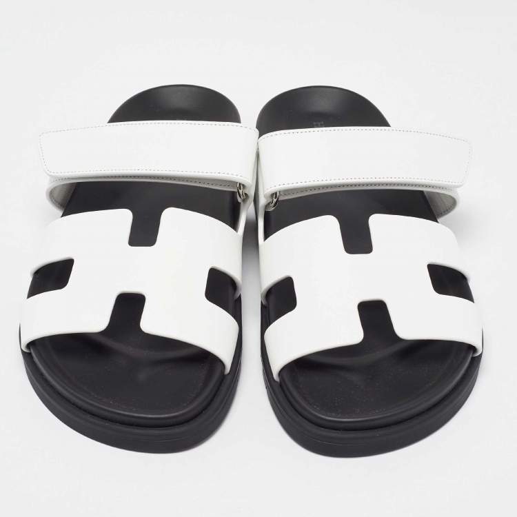 Pre Owned Hermes White Leather Chypre Flat Sandals Size 37.5