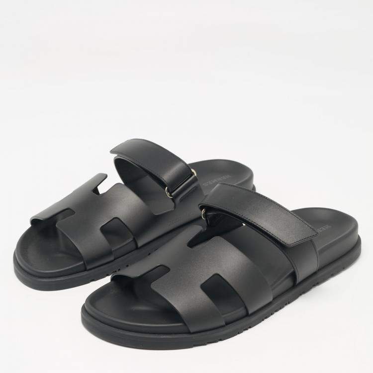 Pre Owned Hermes Black Leather Chypre Sandals Size 42