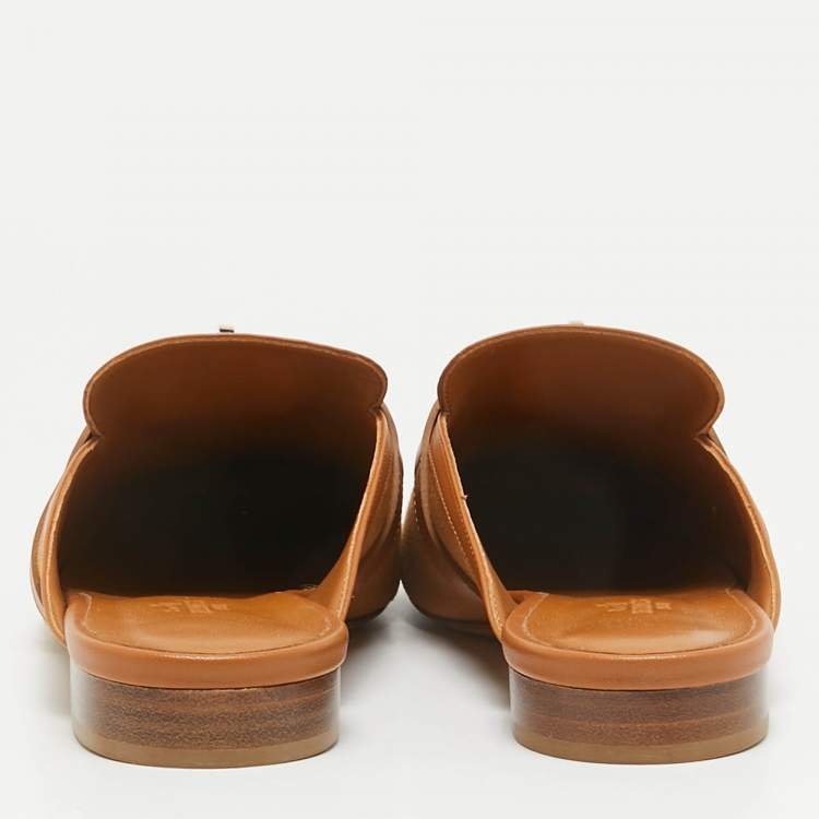 Pre Owned Hermès Brown Canvas and Leather Oz Flat Mules Size 39