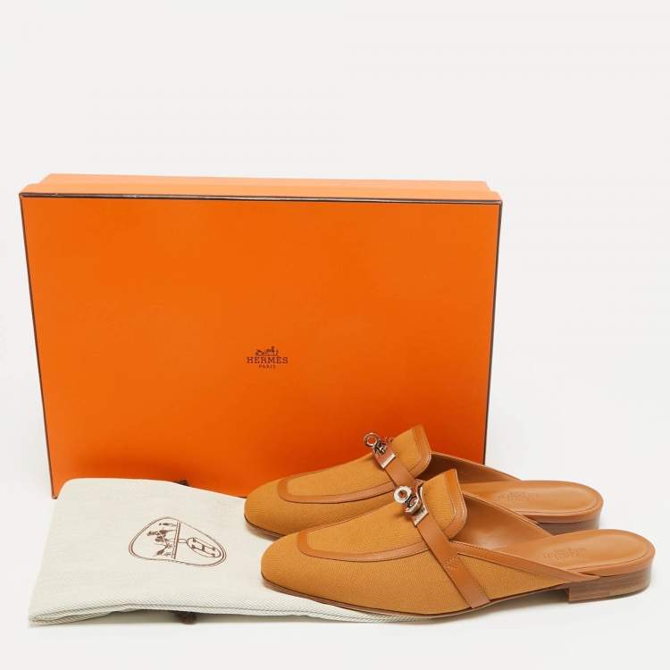 Pre Owned Hermès Brown Canvas and Leather Oz Flat Mules Size 39